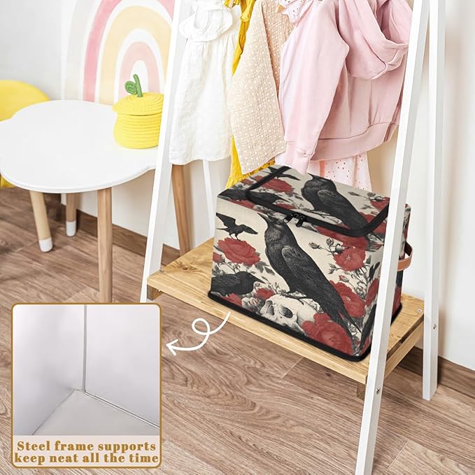 Halloween Crow Storage Bins with Lids Skull Floral Collapsible Cube Storage Basket with Leather Handle Foldable Storage Box with Lids for Organizing Home Closet