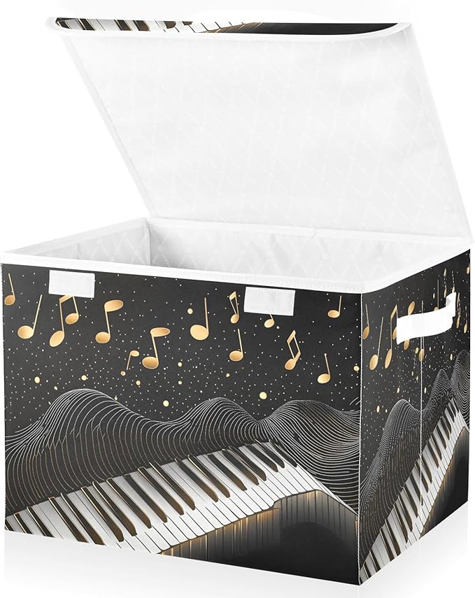 Foldable Storage Bin Basket with Lid - Piano Keys Gold Music Notes Large Collapsible Storage Box Organizer for Home Office &amp Books Clothes Storage 16.5x12.6x11.8
