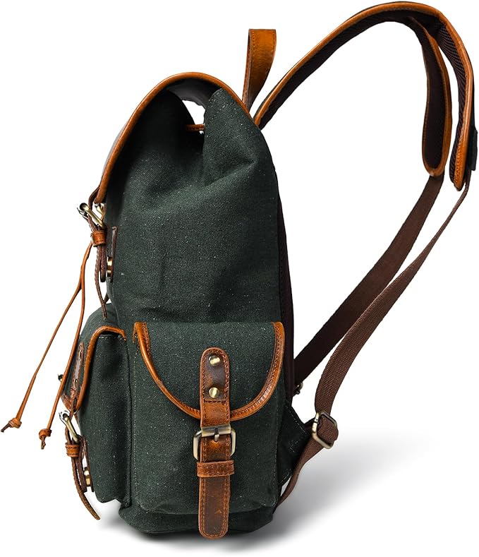 Leather Canvas Backpack Durable Vintage Large Travel Laptop Bag for Men &amp Women Work Hiking School (Oily Green)