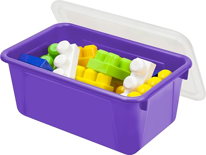 Storex Small Cubby Bins – Plastic Storage Containers for Classroom with Non-Snap Lid 12.2 x 7.8 x 5.1 inches Purple (62411U05C) (Pack of 5)