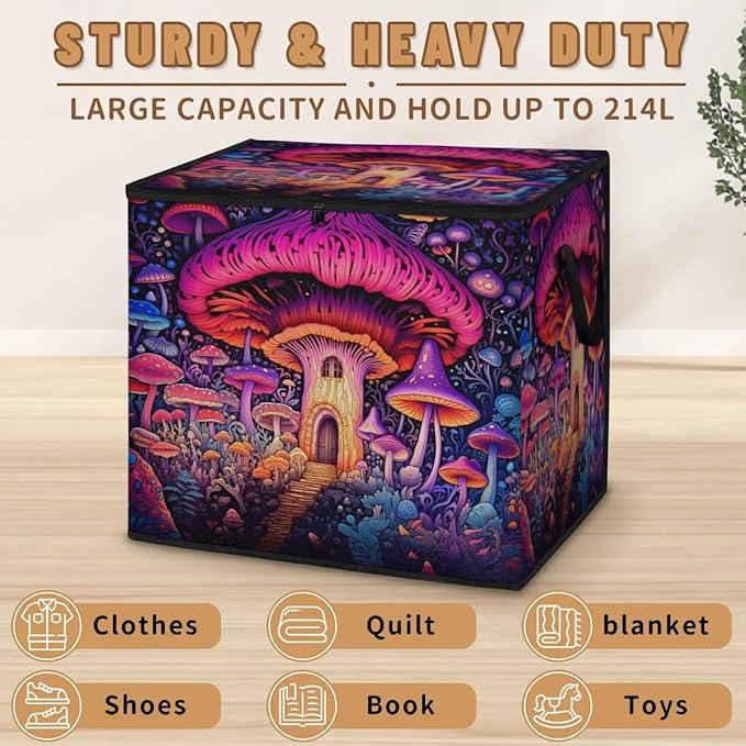 Large Retro Mushroom Storage Bags with Lid XL Blanket Clothes Storage Bins Foldable Organizers Storage Containers with Handle for Comforters Bed Sheets Pillows Fairy Forest Flowers Plants