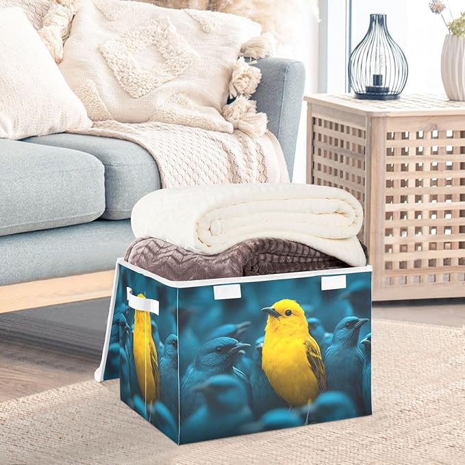 AIXIWAWA Lidded Storage Cube (Bird Yellow) Fabric Foldable Closet Bins with Flip Lid and Handles Organizer Basket Container 16.5 x 12.6 x 11.8 IN