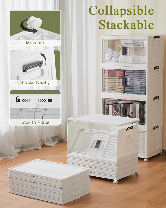 OlarHike 76QT Lockable Storage Bins with Lids - Folding Storage Box with Doors and Wheels Collapsible Plastic Storage Bins for Closets Office Stackable Organizer Containers 4 Pack Cubes