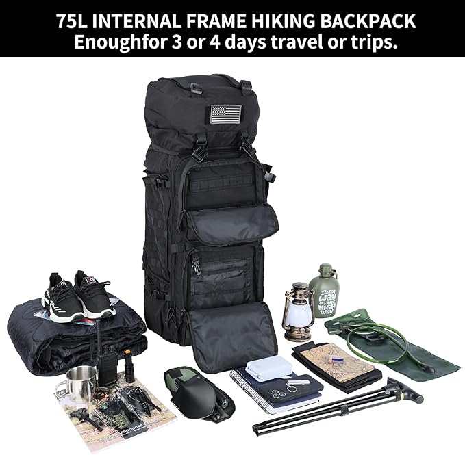 Zsearaymy 75L Hiking MOLLE Backpack with Internal Frame &amp Rain Cover for Tactical Camping Backpacking Survival Travel (Black)
