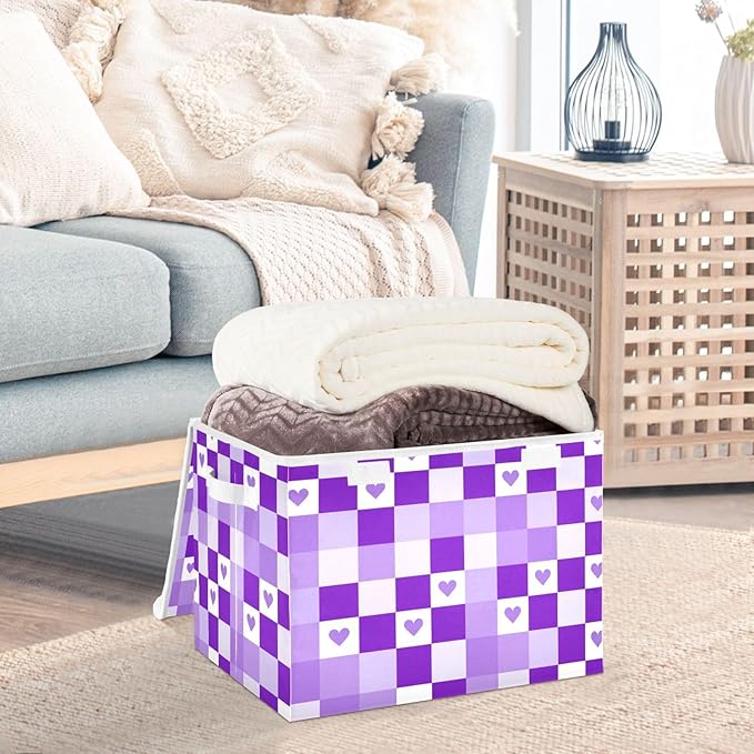Checkered Purple Hearts Storage Box with Lid 1 PC Foldable Storage Bin with Lids Stackable Storage Bins Cube Closet Organizer Basket with Flip-Top Lid &amp Handles for Shoes Books Towels