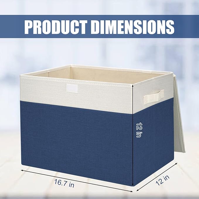Bagnizer Large 42 Quarts Fabric Storage Bins with Lids [2-Pack] Linen Collapsible Foldable Baskets Closet Organizer Containers boxes with Handles for Home Office (16.7 x 12 x 12 Navy Blue &amp Whit