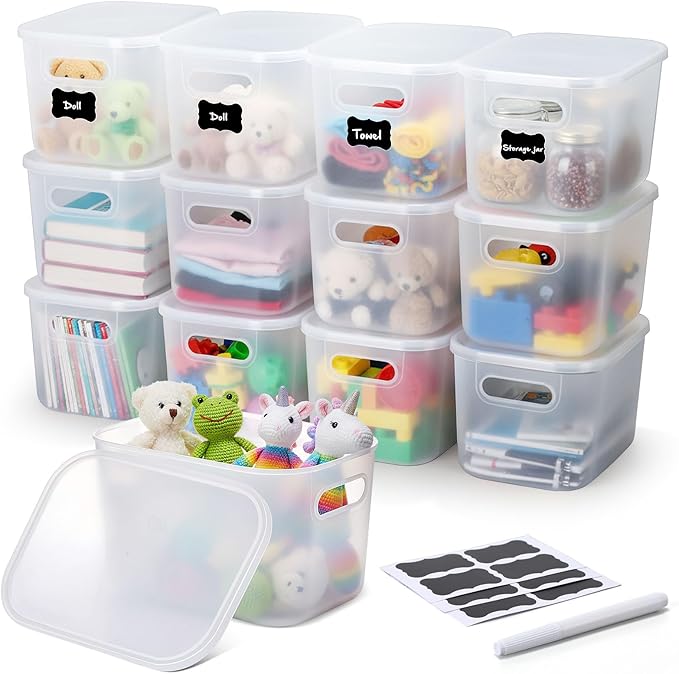 Thyle 12 Pack 7 Quarts Plastic Storage Bins Stackable Baskets with Lid and Handle with Label Colorful Desktop Box Toy Containers for Classroom Shelf Bedroom 10 x 7 x 6 Inch (Translucent)