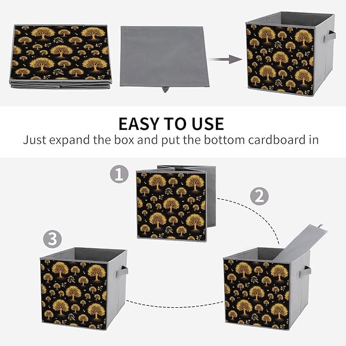 Collapsible Storage Bins with Handles Gold Black Tree Life Celtic Art Foldable Cube Organizer Box for Closet Shelf Toy Storage Space-Saving Home &amp Office Decor