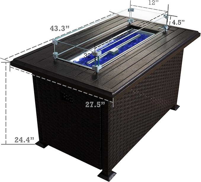 Kozyard Outdoor Patio Propane Gas Fire Pit Table - 50000 BTU Wicker Design with Aluminum Tabletop Glass Wind Guard Clear Glass Rocks Slide Out Tank Holder - Ideal Patio Fire Table (Brown)