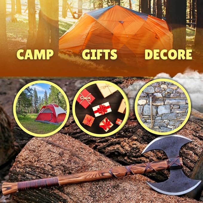 QC® Double Headed Carbon Steel Viking Bearded Axe with Wooden Handle - Scandinavian Style Axe Norse Axe Seax (DHA2)
