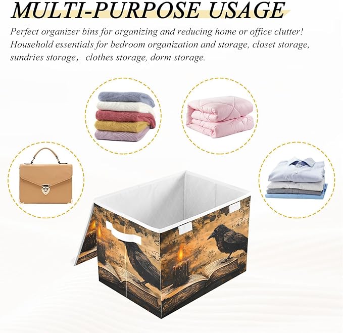 Storage Cube with Lid Gothic Crow Book Print 16.5×12.6×11.8 IN Collapsible Large Capacity Foldable Storage Basket Bin Organizer