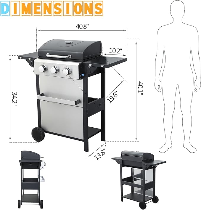 3 Burner Small Propane Gas Grill with Porcelain-Enameled Grates &amp Thermometer Stainless Steel BBQ Grill 25650 BTU with Folding Side Tables for Outdoor Cooking Kitchen Garden Patio