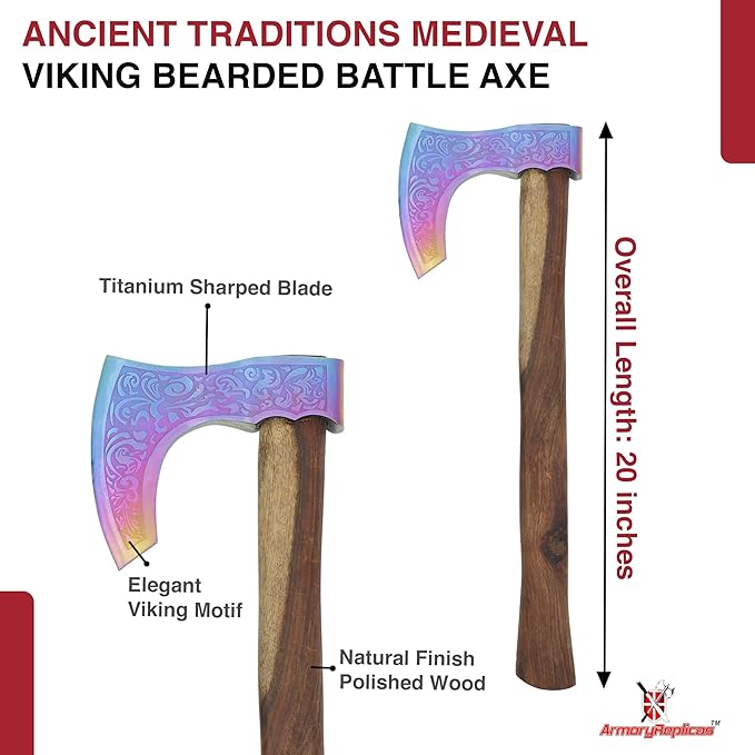 Armory Replicas™ Bearded Viking Decorative Axe – 20 Titanium-Colored Display Axe with Sheesham Wood Handle and Motif