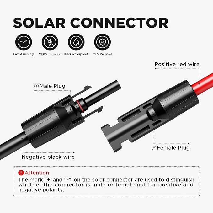 20FT 10AWG Solar Extension Cable (Red + Black) 30A/1000V DC IP68 Waterproof PV Wire with Compatible Quick Connectors for Connecting Solar Panels Controllers and Solar Systems