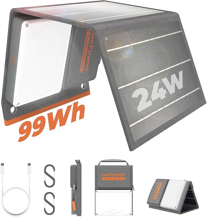 Lumopal Portable Solar Charger 99.9 Wh Battery Bank Equipped with 24W Foldable Solar Panels and 600 Lumen Adjustable LED Camping Light 65W PD USB-C 22W QC3.0 USB A Output for Outdoor