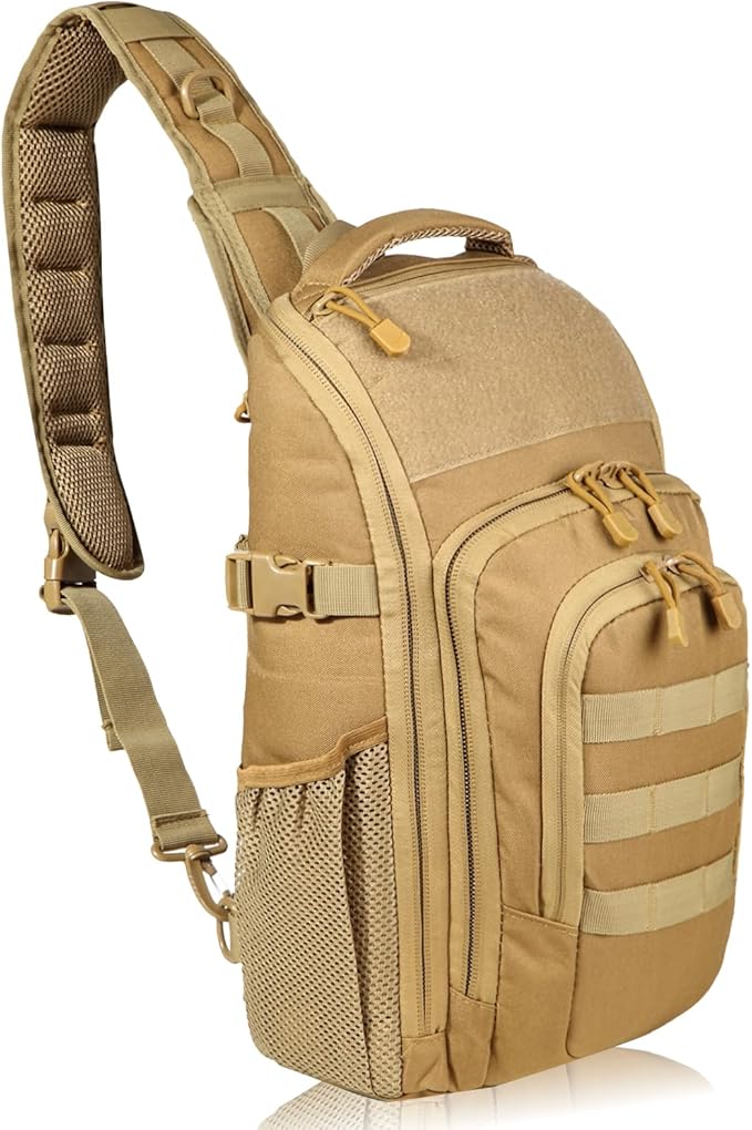 DBTAC Tactical Personal Defense EDC Bags &amp Packs | 10L Military Shoulder Backpack with Sling for Concealed Carry Range Travel Hiking Outdoor Sports (Brown)