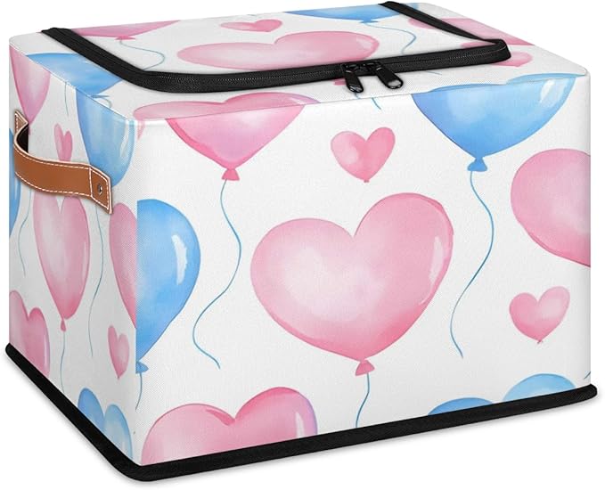 Valentine¡¯s Day Storage Bins with Zipper Lid Love Heart Balloons Fabric Lidded Storage Baskets Cubes with Handles Decorative Foldable Shelf Closet Organizer Container