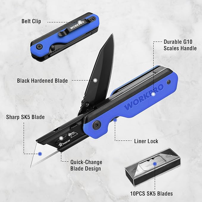 WORKPRO 2-in-1 Folding Knife/Utility Knife - Gifts for Dad &amp 18-in-1 Multi Tool Pliers Blue