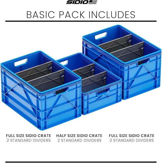SIDIO Crate Basic Pack - 2 Full-Size &amp 1 Half-Size Heavy Duty Stackable Storage Bins Totes and Containers with Dividers - Durable Plastic Organizer for Home Office Garage and Outdoor Use