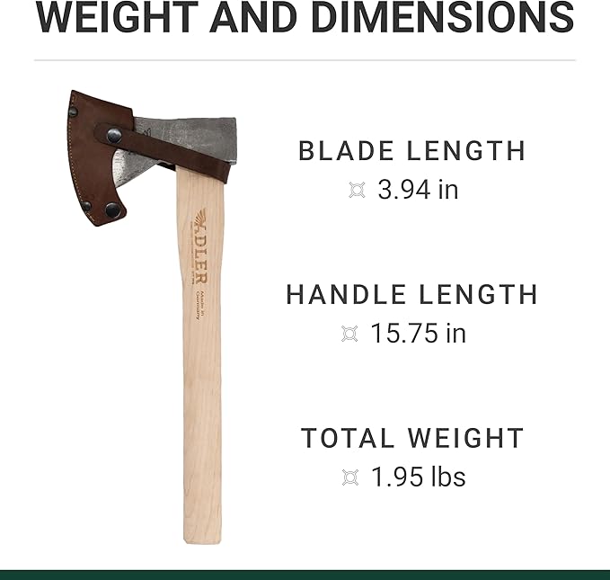 Adler Rheinland Throwing Hatchet – League Compliant Throwing Axe 1.95 lb Pro-Balanced Design 15.75 Hickory Handle (Natural) German Made with Sheath and Travel Bag Included (A13)
