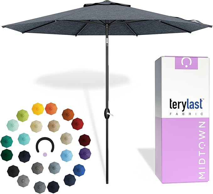 Midtown Umbrellas 10-Year-No-Fade - 9 Ft - UV Proof Heather Grey Polyester Fabric - Umbrella Outdoor Patio Auto-Tilt Aluminum Frame Patio Umbrella for Garden Pool &amp Deck - Black Pole