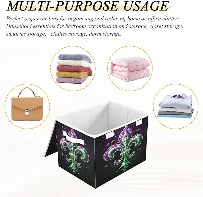 Christmas Storage Baskets with Lids Mardi Gras Collapsible Bins Stackable Fabric Linen Baskets Closet Organizer Container 16.5x12.6x11.8