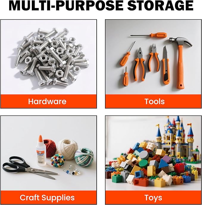Ultrawall Wall Mounted Storage Bins Plastic Hanging Storage Organizer Bins Garage Tool Storage System for Screws Nuts Bolts Nails and Small Hardware Parts 16x bins &amp 4 x rails Orange