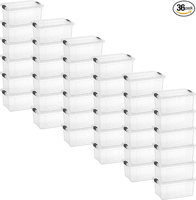 Superio Small Clear Storage Box with Lid 6.6 Quart Plastic Container Bins for Organizing Stackable Crates BPA Free Non Toxic Odor Free Organizers for Home Office School and Dorm 36 Pack