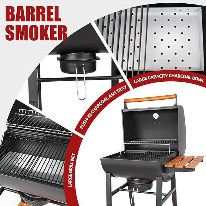 Charcoal Grill with Temperature Gauge - Large Outdoor Barrel Barbecue Grill with SideTable 406 sq in Cooking Space for 6-10 People ldeal for Camping and Backyard BBQ