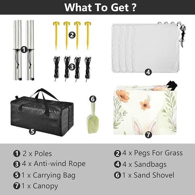 xigua Easter Bunny Beach Tent Sun Shelter with Carrying Bag - Silver Coated Oxford Fabric Beach Canopy for Beach Camping Fishing - Includes Windproof Ropes Sandbags &amp Stakes
