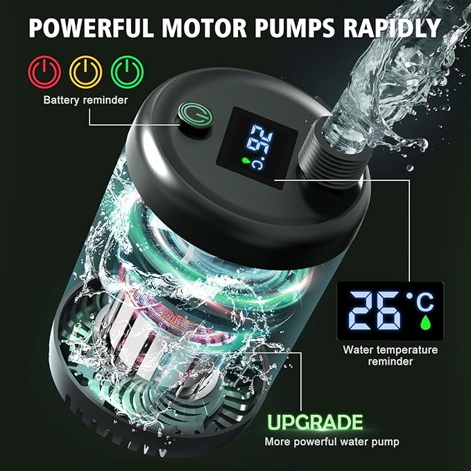 Portable Camping Shower Pump Kit 7800mAh Showers Pump for Travel CampingOutdoor Tents Shower and Pet Cleaning with Water Temperature Display and Rechargeable Battery