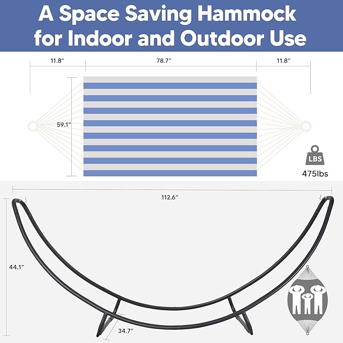 SUNCREAT Portable Large Hammock with Stand Two Person Hammock with Stand Included Patent Pending Blue White