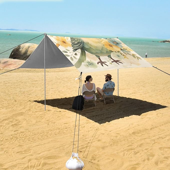 Cute Sparrow Flower Bird Beige Beach Tent UPF50+ Lightweight Portable Sun Shelter with Sandbags Sand Shovel Poles for Backyard and Camping