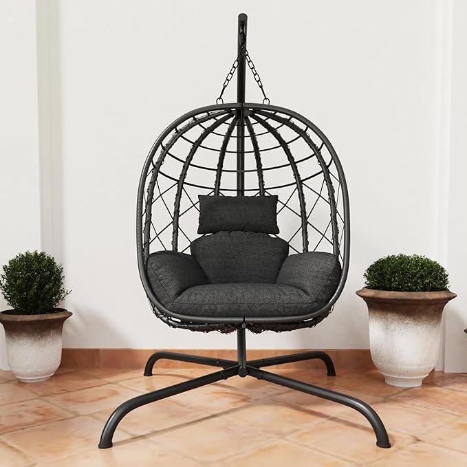 Hanging Egg Chair with Stand Patio Wicker Rattan Swing Chair Hammock Egg Chair for Indoor &amp Outdoor 400lbs Capacity with Thickened Cushion for Bedroom Balcony Garden