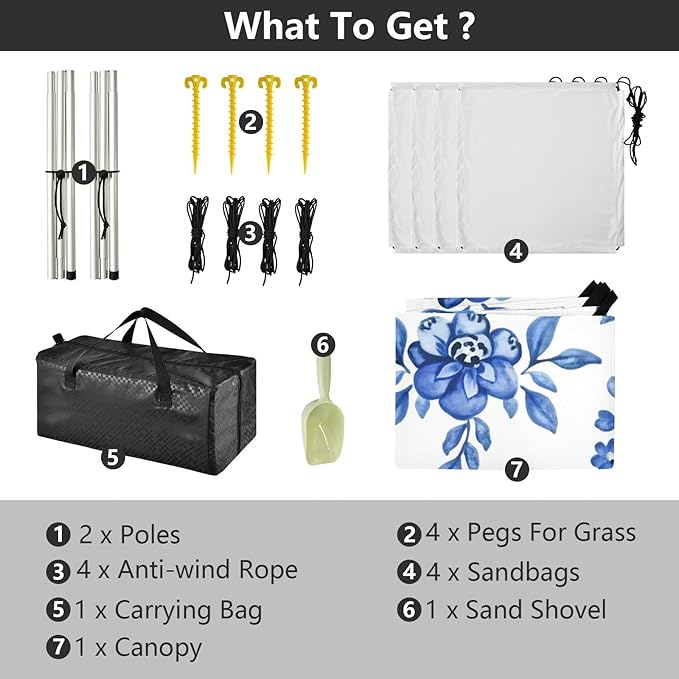 Beach Canopy with Windproof Ropes &amp Sandbags Beach Tent Sun Shade Sun Shelter for Camping Trips Fishing Backyard Fun or Picnics Blue Flowers