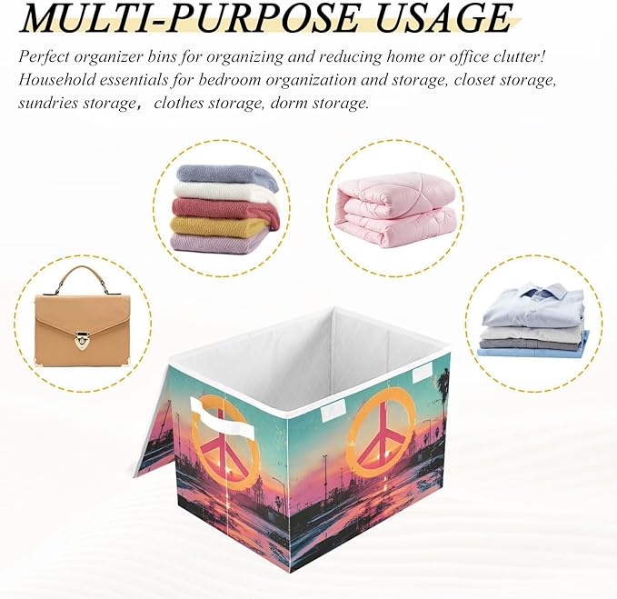 Storage Cube with Lid Peace Sign City Print 16.5×12.6×11.8 IN 1 Pack Collapsible Large Capacity Foldable Storage Basket Bin Organizer