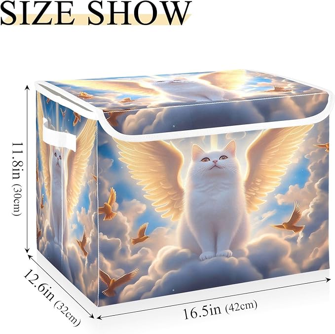 White Cat Wings Clouds Birds Storage Bins with Lids Foldable Storage Boxes Cube Closet Storage Baskets Container Organizers for Home Bedroom Office
