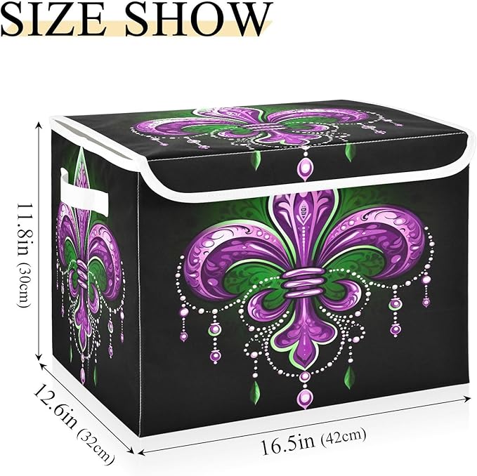 Storage Baskets with Lids Collapsible Bins Stackable Mardi Gras Fabric Linen Baskets Closet Organizer Container 16.5x12.6x11.8