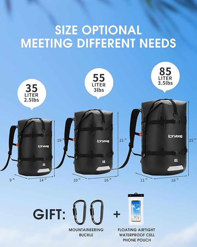 IDRYBAG Waterproof Backpack for Travel Kayaking Boating Swimming Floating Paddle Boarding - Submersible Dry Bag 35L/55L/85L