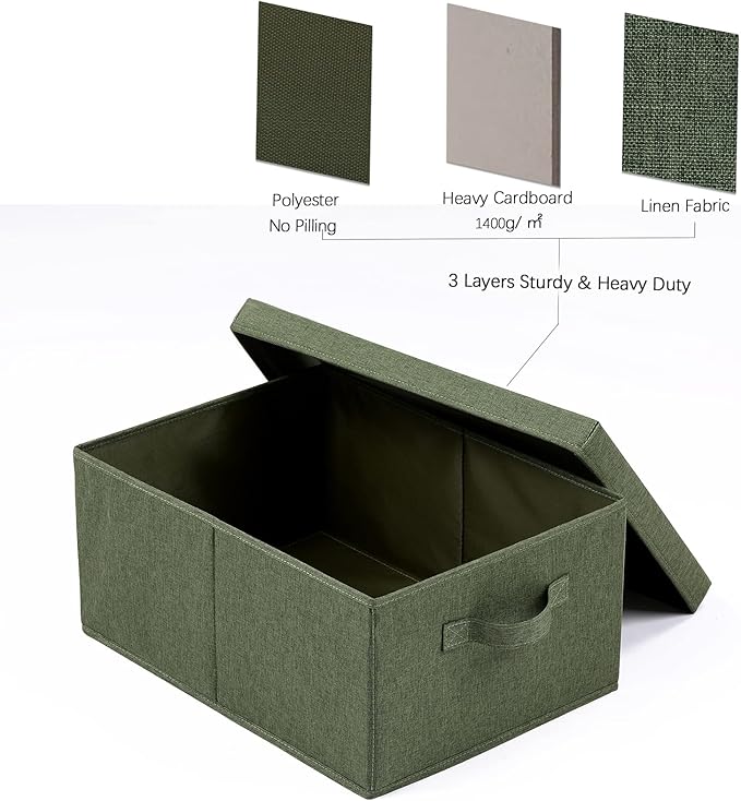HOONEX Storage Bins with Lids for Organizing Pack of 2 Storage Boxes with 2 Carrying Handles and Sturdy Heavy Cardboard 16.5 L x 11.8 W x 7.5 H for Shoes Books Clothes Olive