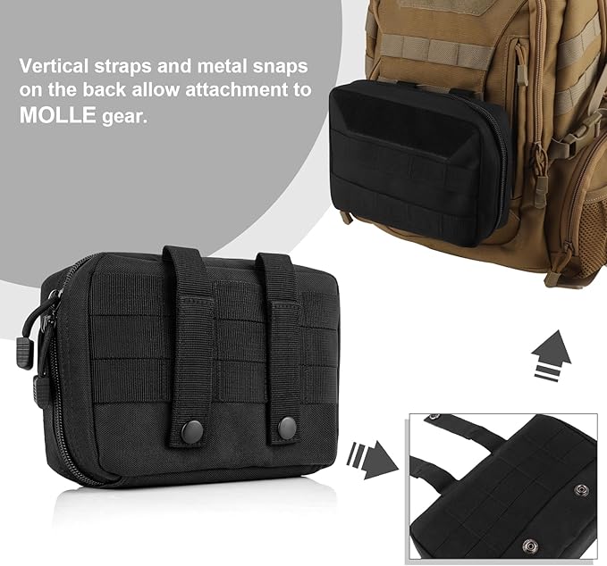 FOCUHUNTER Tactical Molle Pouch Zippered Horizontal Modular Pouches 1000D Oxford Fabric Tactical Waist Pack Utility EDC Tool Organizer with Map Sleeve Vertical Strap &amp Metal Snap 8 L x 3 W x