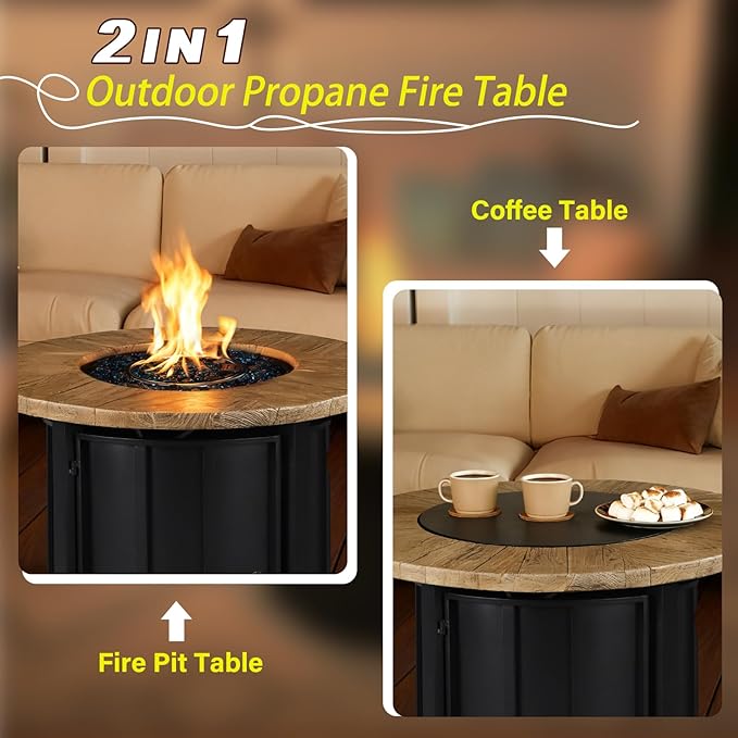30 Inch Round Propane Fire Pit Table50000 BTU Outdoor Gas Firepit with Automatic Ignition &amp Lid CoverIron Steel Firepit for OutsidePatioDeckBackyard w Glass Stones &amp Rain Cover