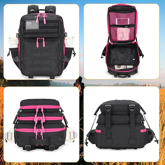 Lovelinks21 25L Tactical Military Backpack Small Travel Backpack for Men and Women Assault Pack Bug Out Bag Molle Daypack Gym Backpack with Bottle Holder (Black Neon Pink)