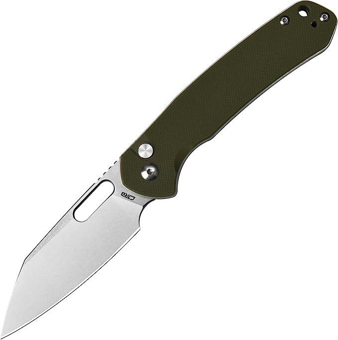 CJRB Pyrite-Alt (J1925A) Folding Pocket Knife 3.11 Stonewash AR-RPM9 Steel Blade Green G10 Handle Manual Thumb Hole Open Button Lock EDC Knife for Outdoor Hiking