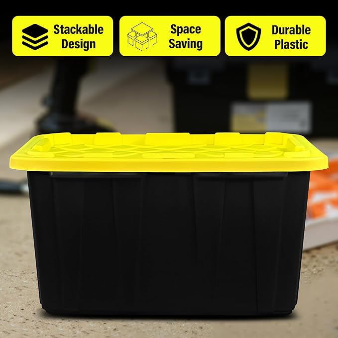 BLACK &amp YELLOW 27-Gallon Storage Bin with Snap-on Lid Heavy Duty Plastic Storage Bins with Lid Stackable 4 Pack