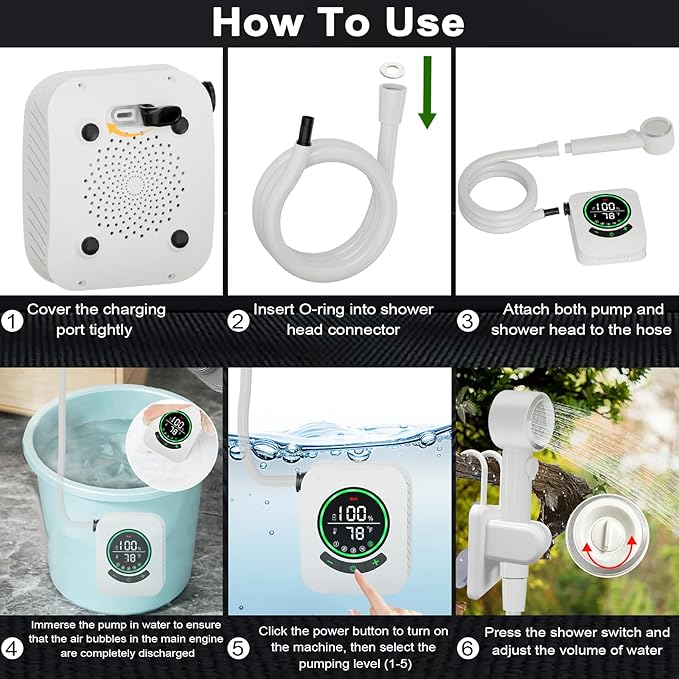 Portable Shower for Camping 8000mAh Rechargeable Camping Shower Pump with 3X Stronger Water Flow 5 Pressure Levels &amp 4 Shower Modes Outdoor Shower with Intelligent LED Display for Hiking Travel