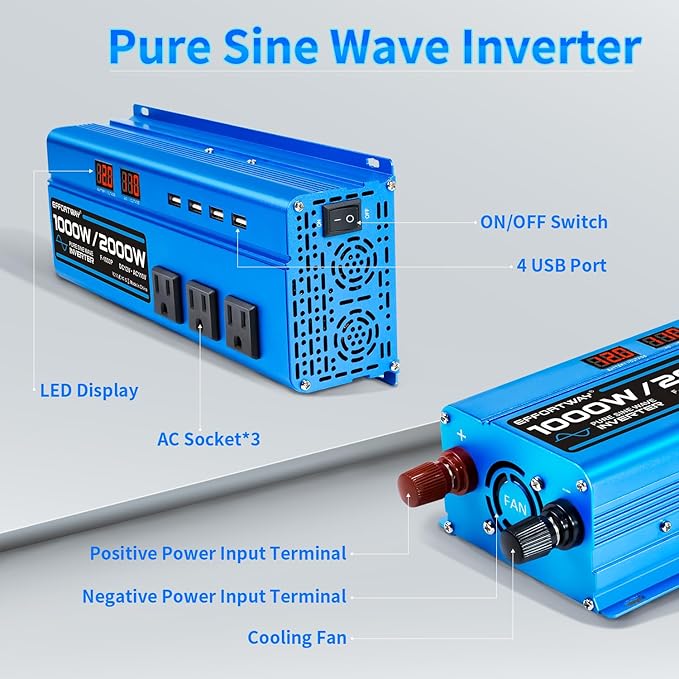 1000W Pure Sine Wave Inverter DC 12V to AC 110V/120V Converter 2000w (Peak) Car Power Converter with 3 AC Outlets 4USB PortPower Inverter for Car Truck Home Vehicles Laptop
