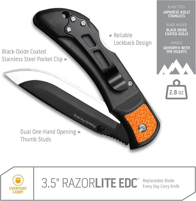 OUTDOOR EDGE 3.5 RazorLite EDC Knife. Pocket Knife with Replaceable Blades and Clip. The Perfect Hunting Blade for Skinning Deer. Blaze Orange with 6 Blades