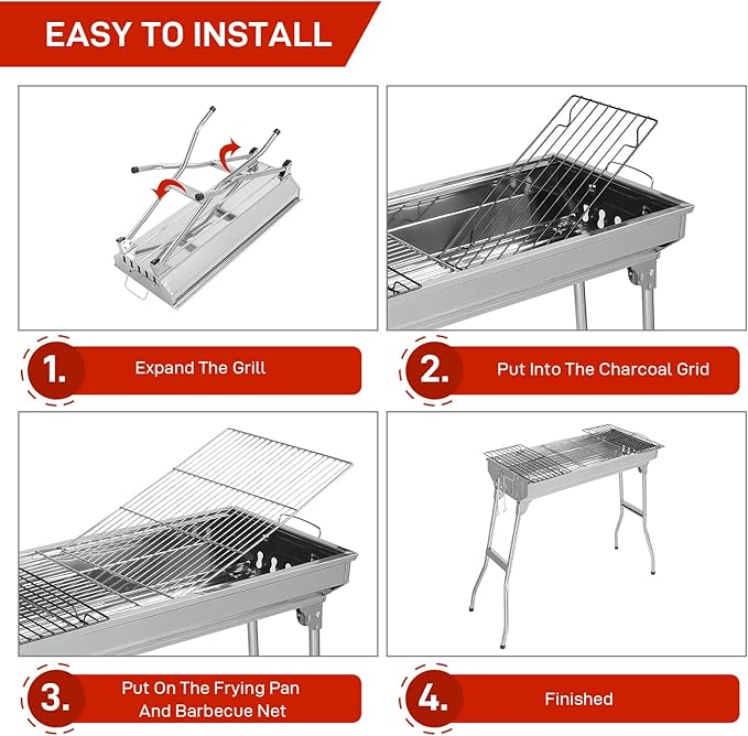 Outvita Portable Charcoal Grill 28x 13 x 27 Foldable Barbecue Grill Stainless Steel BBQ Grill for Outdoor Cooking Camping Hiking Picnic Garden Beach Party