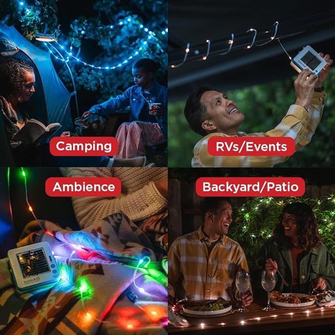 LuminAID Color Solar String Light with Phone Charger - Multicolor Tent Lights for Camping - 23 ft Rechargeable String Lights Perfect for Camping Backyard Patio RVs Outdoor Power Outages (1 Pack)